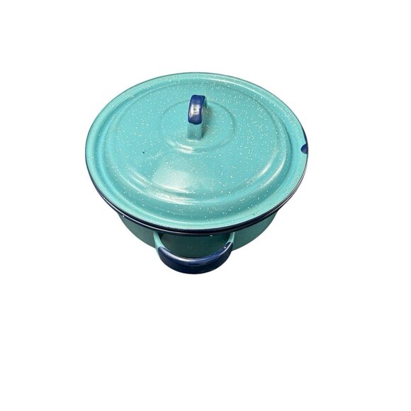 Round Shallow Saute Pot & Lid 10" Teal Cobalt Graniteware Enamelware Splatter - Picture 4 of 11